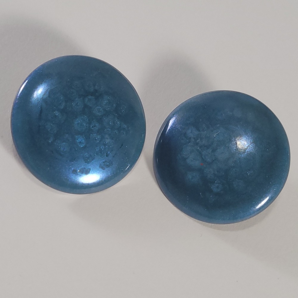 Vintage Button Stud Earrings Women Teal Blue Metallic Textured Oversized Round